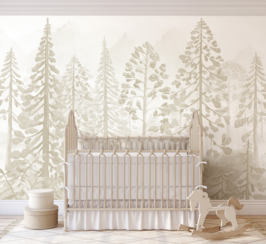 Neutral Woodland Whispers Wallpaper Mural - Nursery Foggy Pine Tree Forest Scene