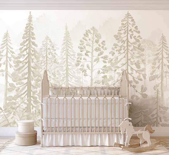 Neutral Woodland Whispers Wallpaper Mural - Nursery Foggy Pine Tree Forest Scene