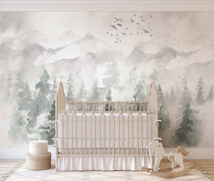 Watercolor Landscape Mural | Woodland Pines Forest Boys Girls Kids Nursery Wallpaper