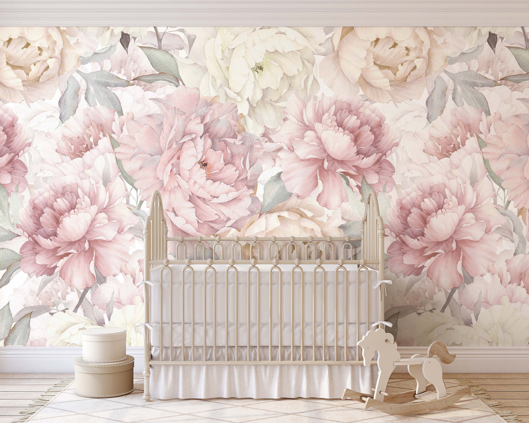 Muted Blush Watercolor Peony Garden Mural | Large Scale Floral Girl Nursery Wallpaper