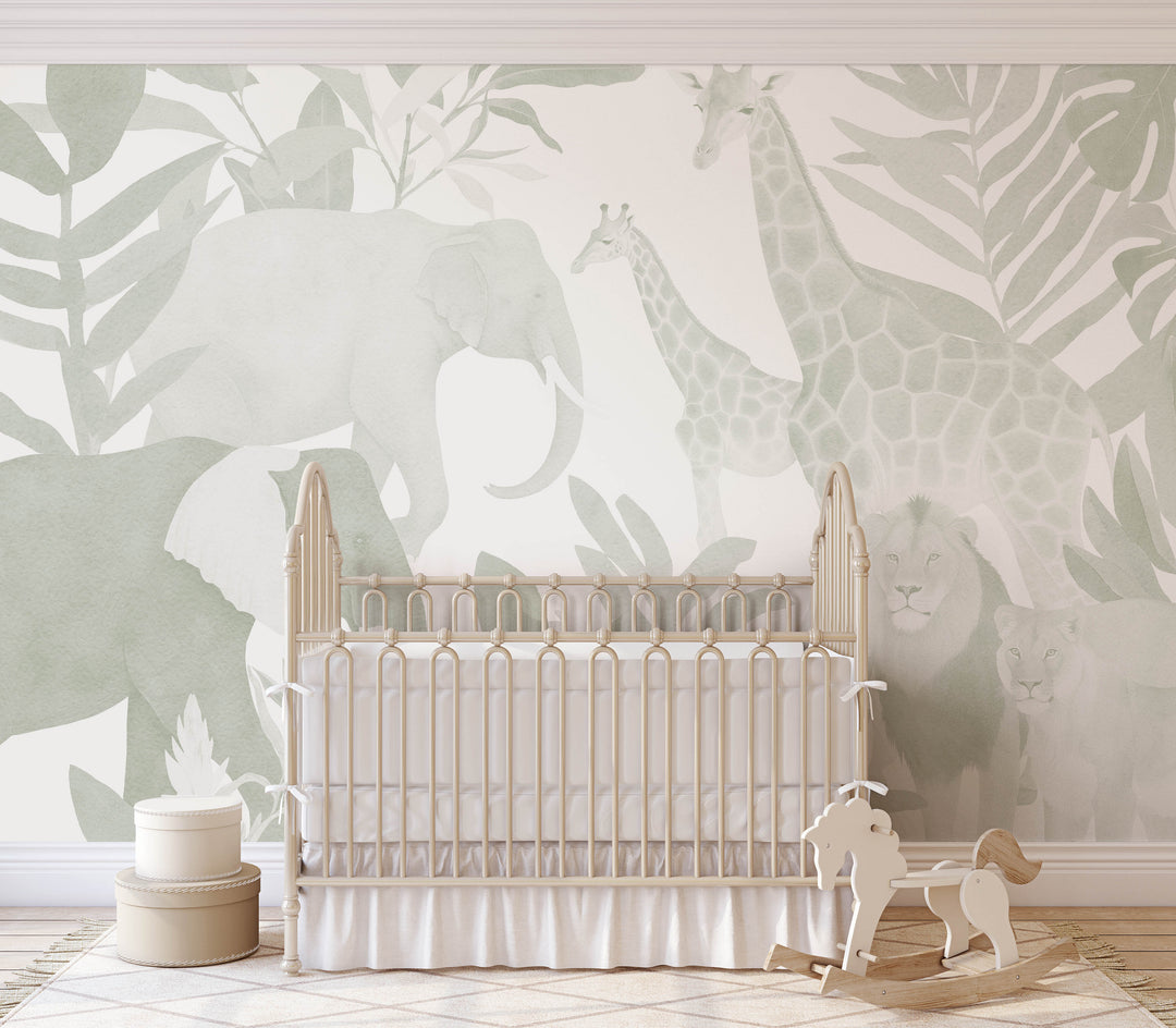 Safari in Sage Mural - Nursery Wallpaper, Modern African Jungle Animals for Boys Light Sage and White