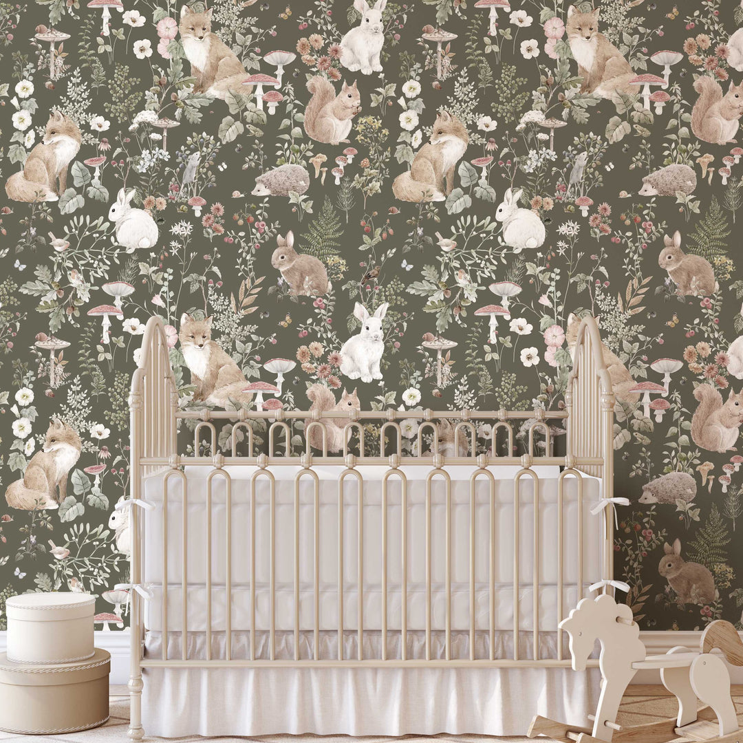 Forest Babies Mural  in Dark Olive