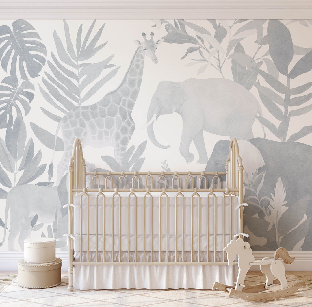 Safari in Blue Mural - Minimal Nursery Wallpaper, African Jungle Animals for Boys Light Indigo and White