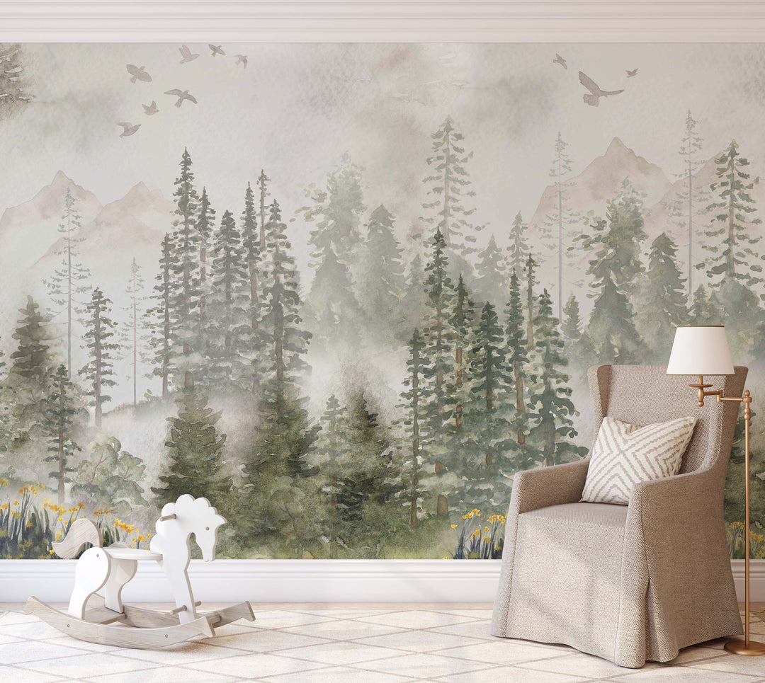 Winter Forest Mural | Woodland Pines Boys Kids Nursery Wallpaper