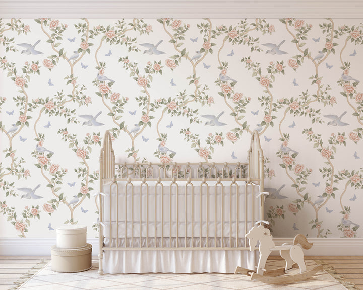 Le Tariche Chinoiserie Mural in Pastels and White | Floral Elegant Girl Nursery Wallpaper