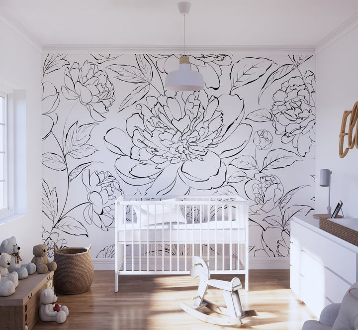 The Minimalist Peony Mural | Delicate Boho Floral Girl Nursery Wallpaper