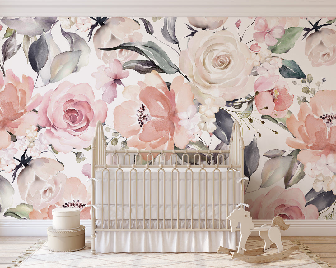 Bouquet in Blush Wallpaper Mural | Large Scale Floral Bouquet Girl Nursery Wallpaper