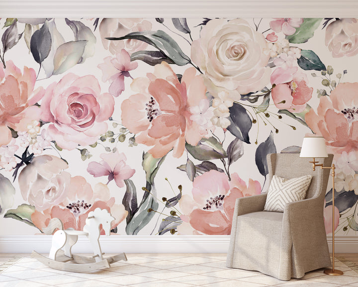 Bouquet in Blush Wallpaper Mural | Large Scale Floral Bouquet Girl Nursery Wallpaper