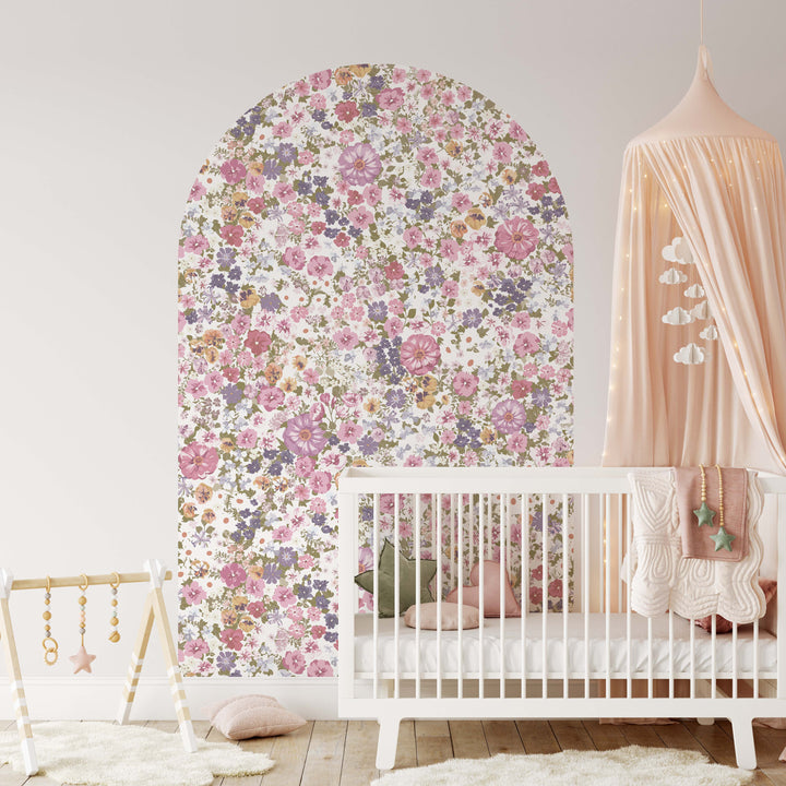 Vinilo decorativo para pared con arco floral de jardín rosa etéreo