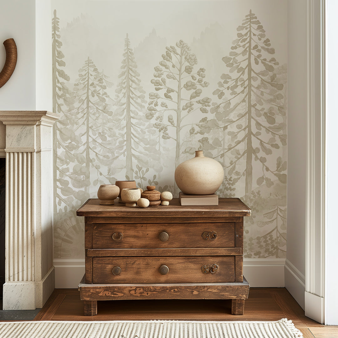 Neutral Woodland Whispers Wallpaper Mural - Nursery Foggy Pine Tree Forest Scene