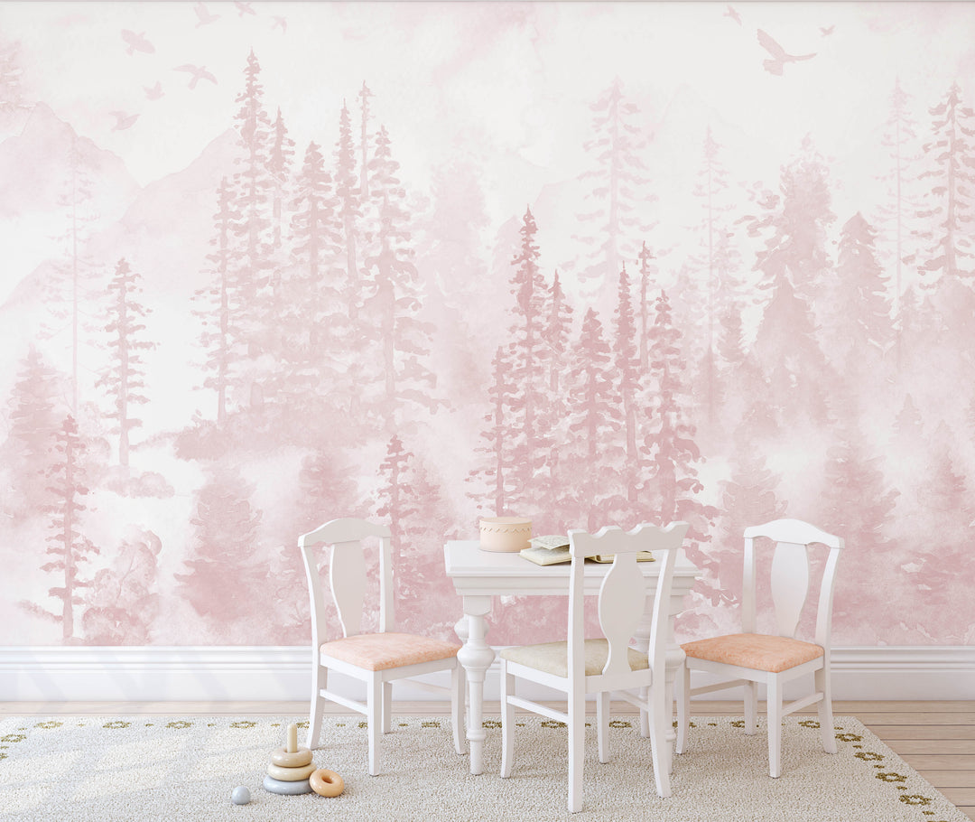 Girly Winter Forest in Pink Mural | Woodland Pine Trees Girls Kids Nursery Wallpaper