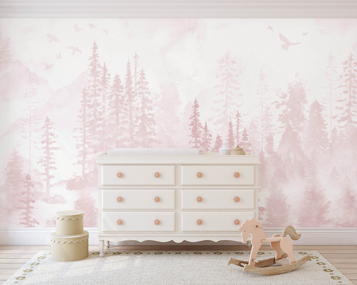 Girly Winter Forest in Pink Mural | Woodland Pine Trees Girls Kids Nursery Wallpaper