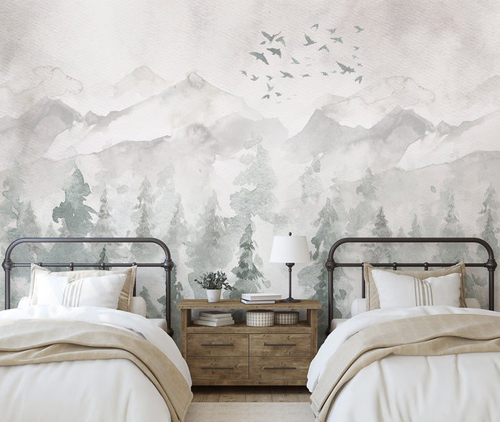 Watercolor Landscape Mural | Woodland Pines Forest Boys Girls Kids Nursery Wallpaper