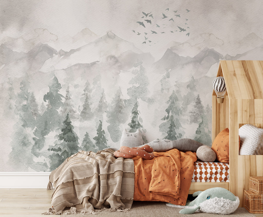 Watercolor Landscape Mural | Woodland Pines Forest Boys Girls Kids Nursery Wallpaper