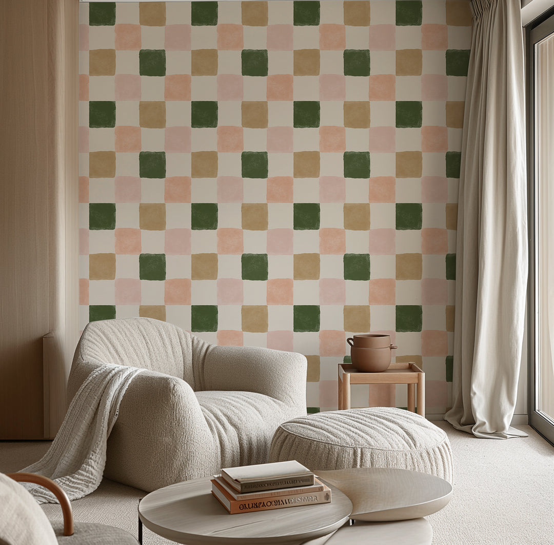 Boho Green and Pink Checkered Wallpaper