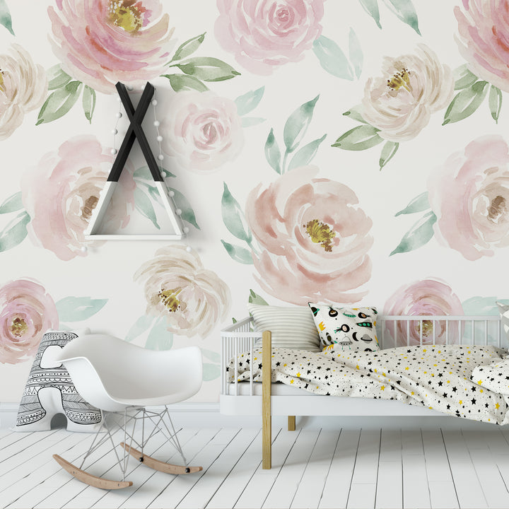 Watercolor Rose Wallpaper Mural | Floral Girl Nursery Wallpaper