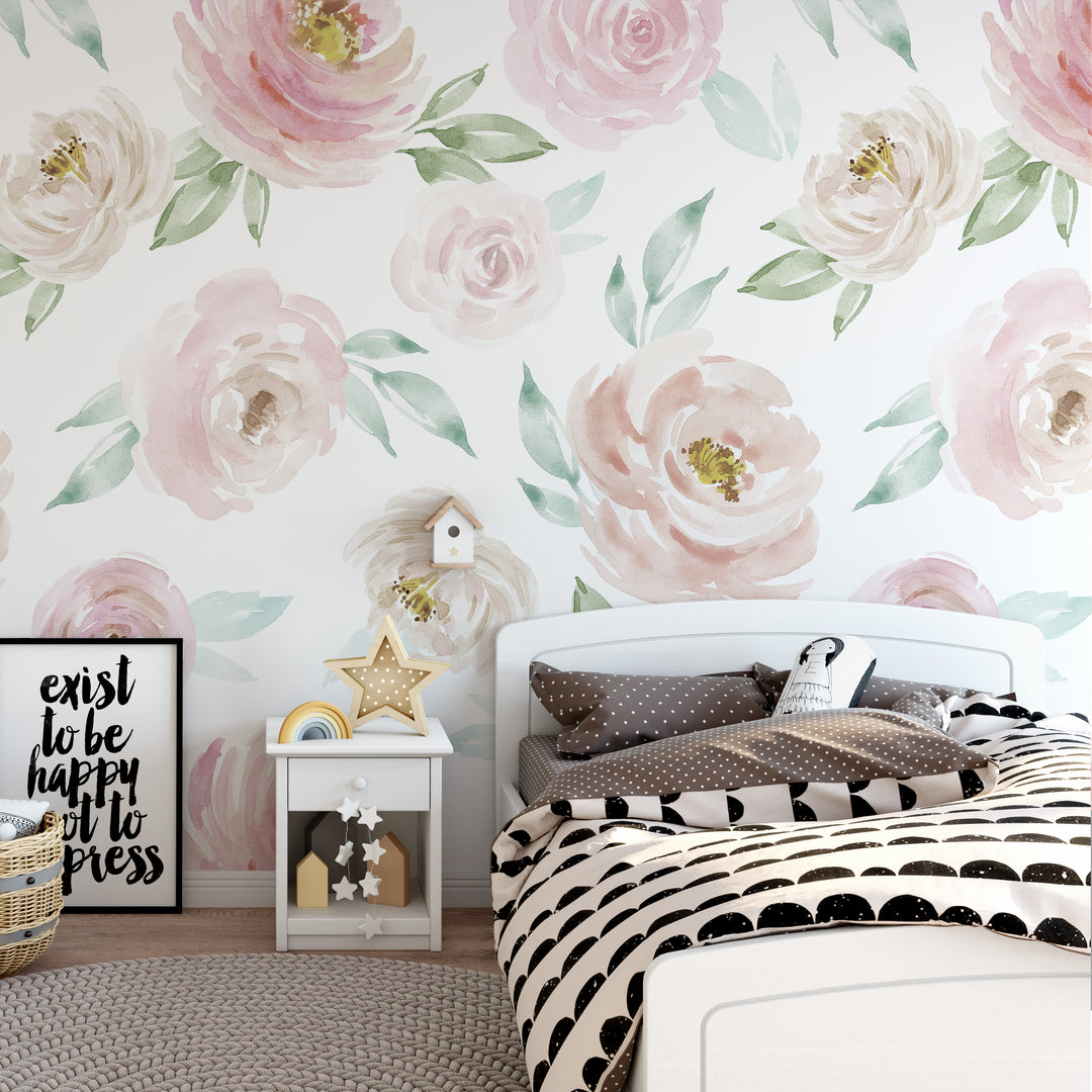 Watercolor Rose Wallpaper Mural | Floral Girl Nursery Wallpaper