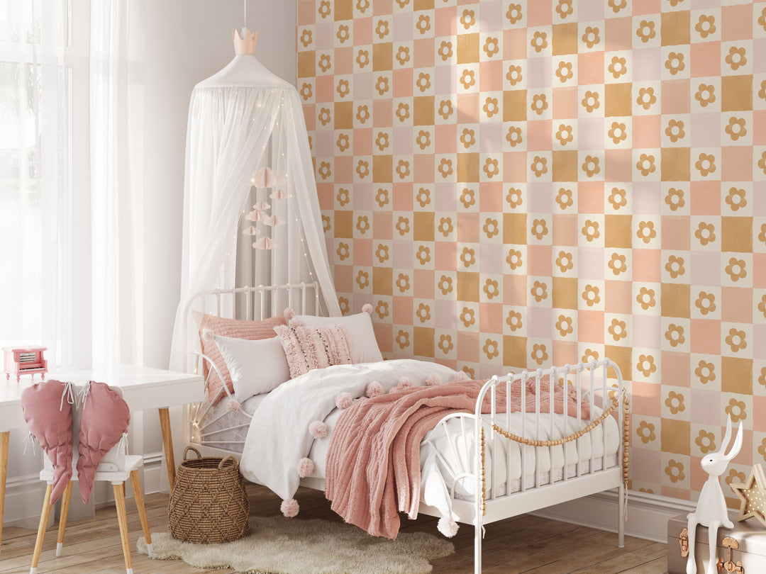 Boho Flower Checker Wallpaper