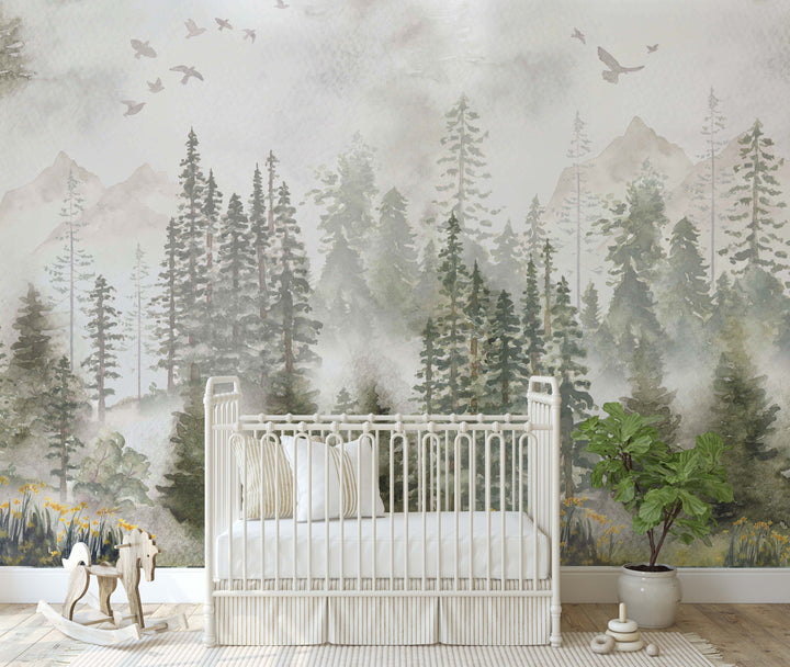 Winter Forest Mural | Woodland Pines Boys Kids Nursery Wallpaper