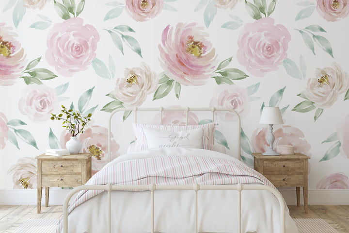 Watercolor Rose Wallpaper Mural | Floral Girl Nursery Wallpaper