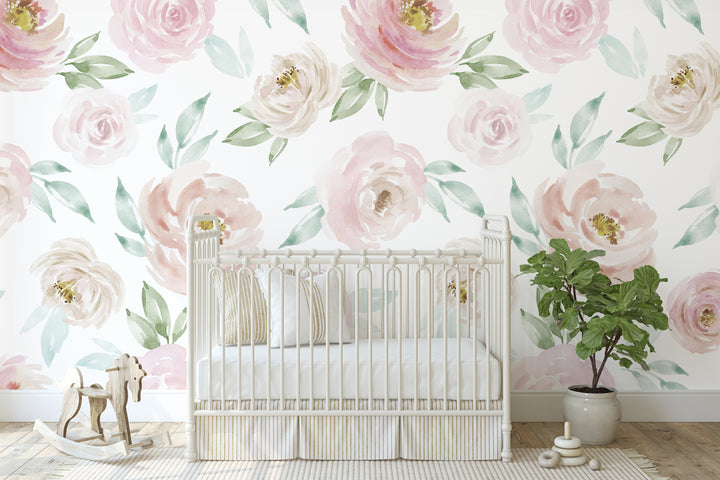 Watercolor Rose Wallpaper Mural | Floral Girl Nursery Wallpaper