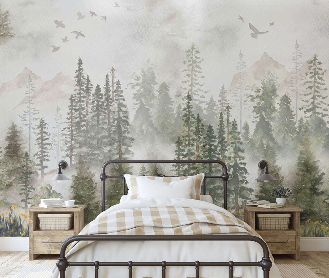 Winter Forest Mural | Woodland Pines Boys Kids Nursery Wallpaper