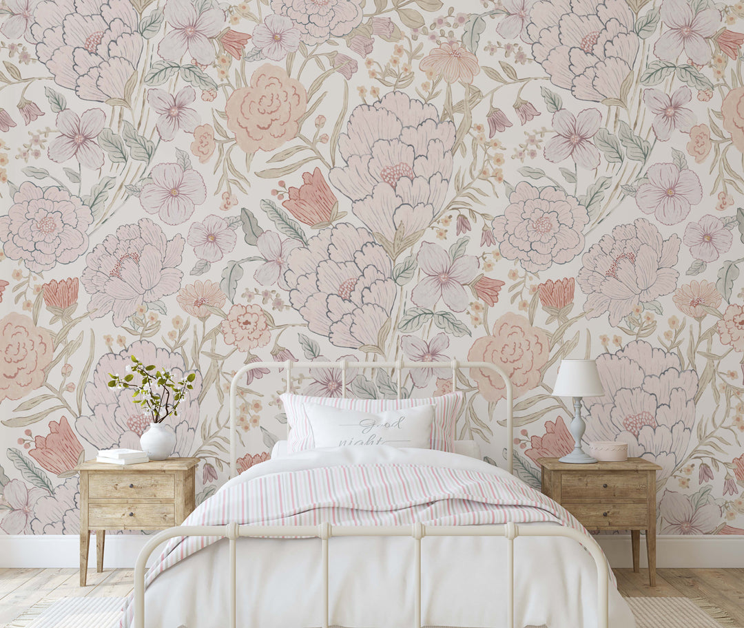 Romantic Meadow Mural | Large Scale Floral Bouquet Girl Nursery Wallpaper