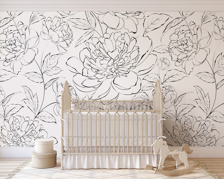 The Minimalist Peony Mural | Delicate Boho Floral Girl Nursery Wallpaper