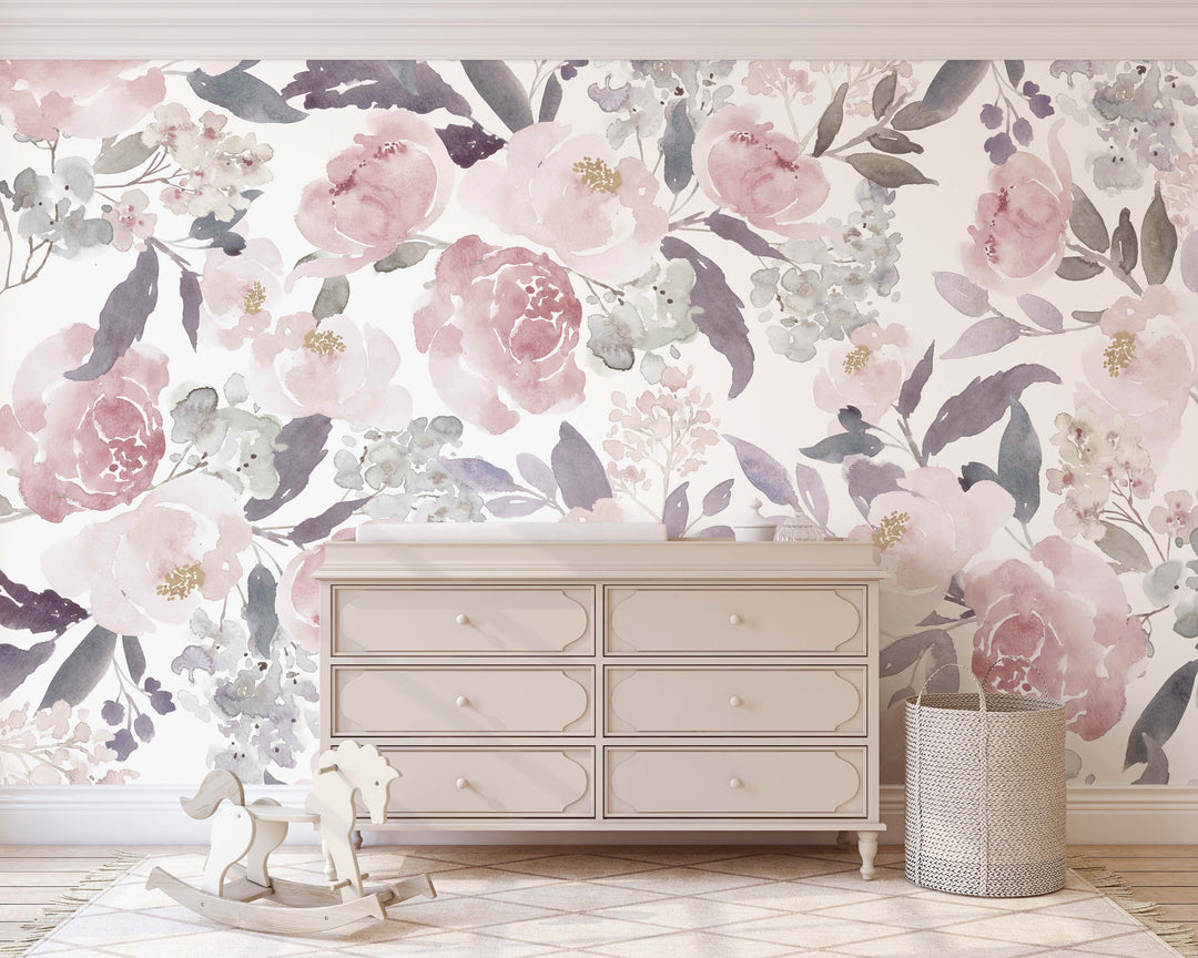 Josephine with Peonies Mural | Delicate Boho Floral Girl Nursery Wallpaper