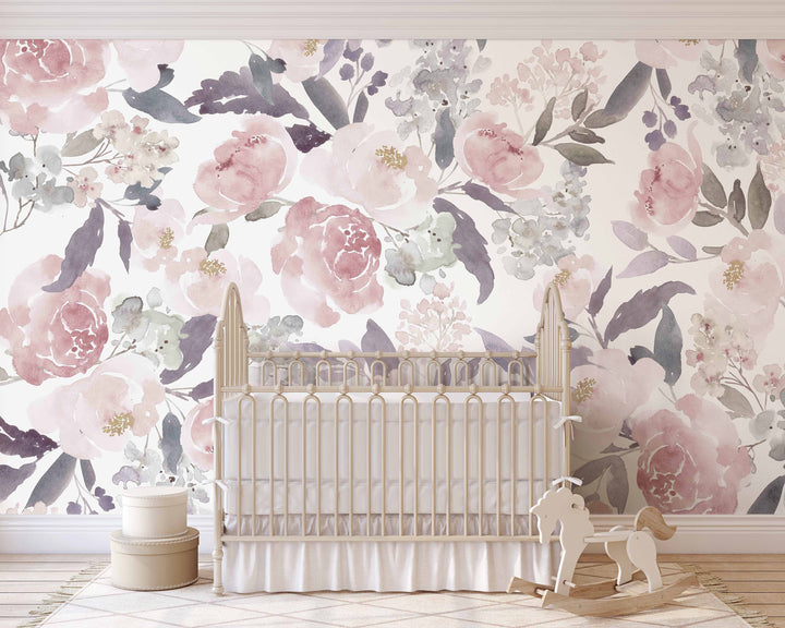 Josephine with Peonies Mural | Delicate Boho Floral Girl Nursery Wallpaper