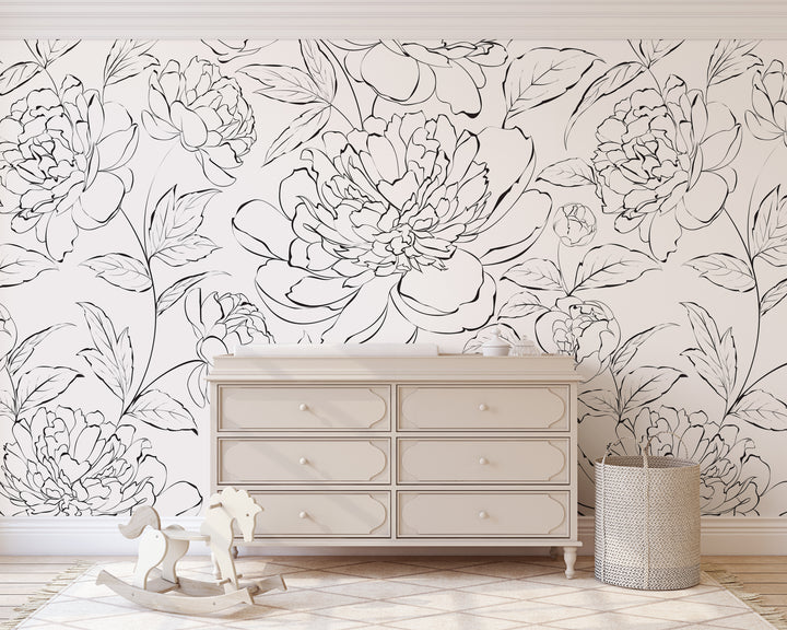 The Minimalist Peony Mural | Delicate Boho Floral Girl Nursery Wallpaper