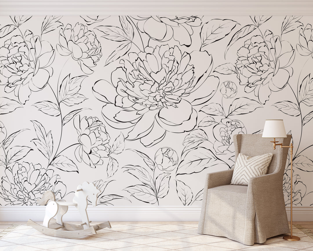 The Minimalist Peony Mural | Delicate Boho Floral Girl Nursery Wallpaper