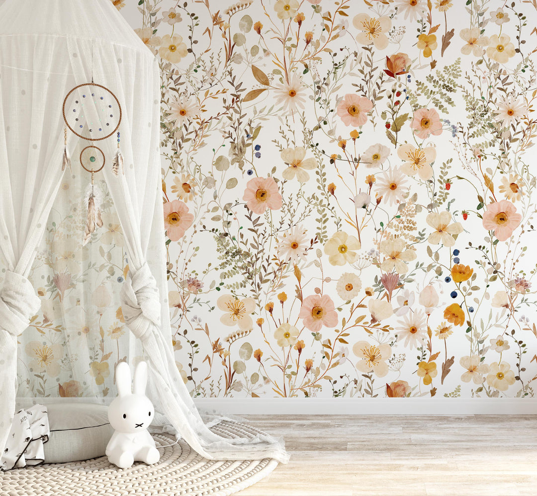 Avery Mural | Delicate Boho Floral Girl Nursery Wallpaper