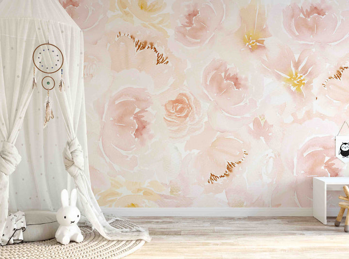 Soft Blush Watercolor Peony Mural