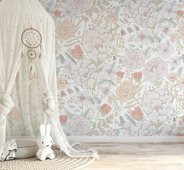 Romantic Meadow Mural | Large Scale Floral Bouquet Girl Nursery Wallpaper