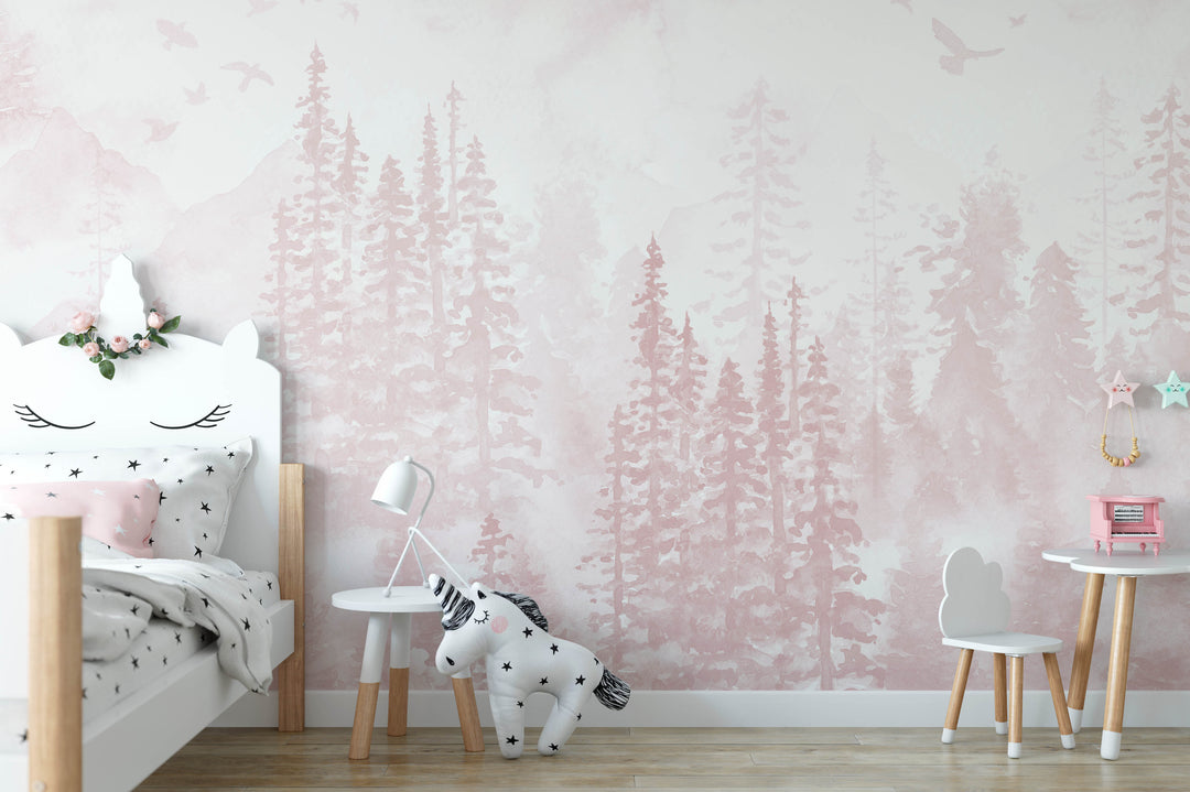 Girly Winter Forest in Pink Mural | Woodland Pine Trees Girls Kids Nursery Wallpaper