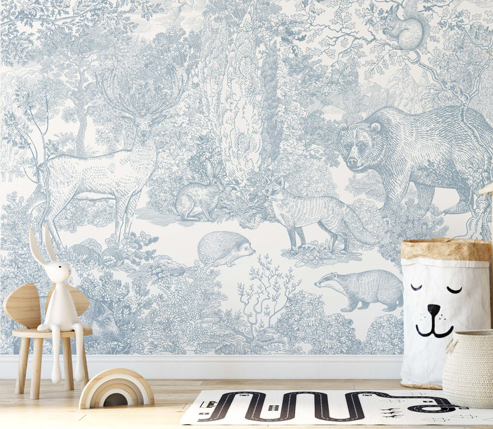 Timeless Forest Wallpaper Mural in Blue - Antique Woodland Scene with Animals