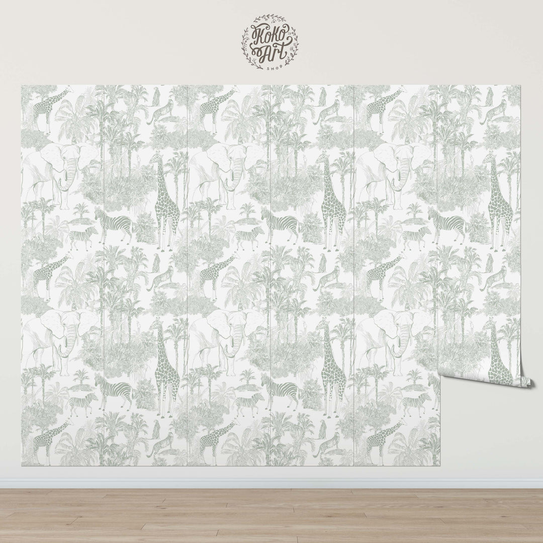 Safari Sage Jungle Wallpaper Mural - Minimal Jungle with Animals