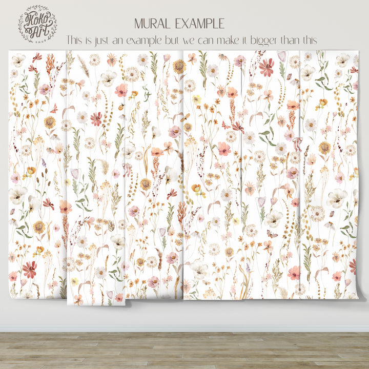 Watercolor Soft Wild Flowers Wallpaper Mural | Delicate Boho Floral Girl Nursery Wallpaper