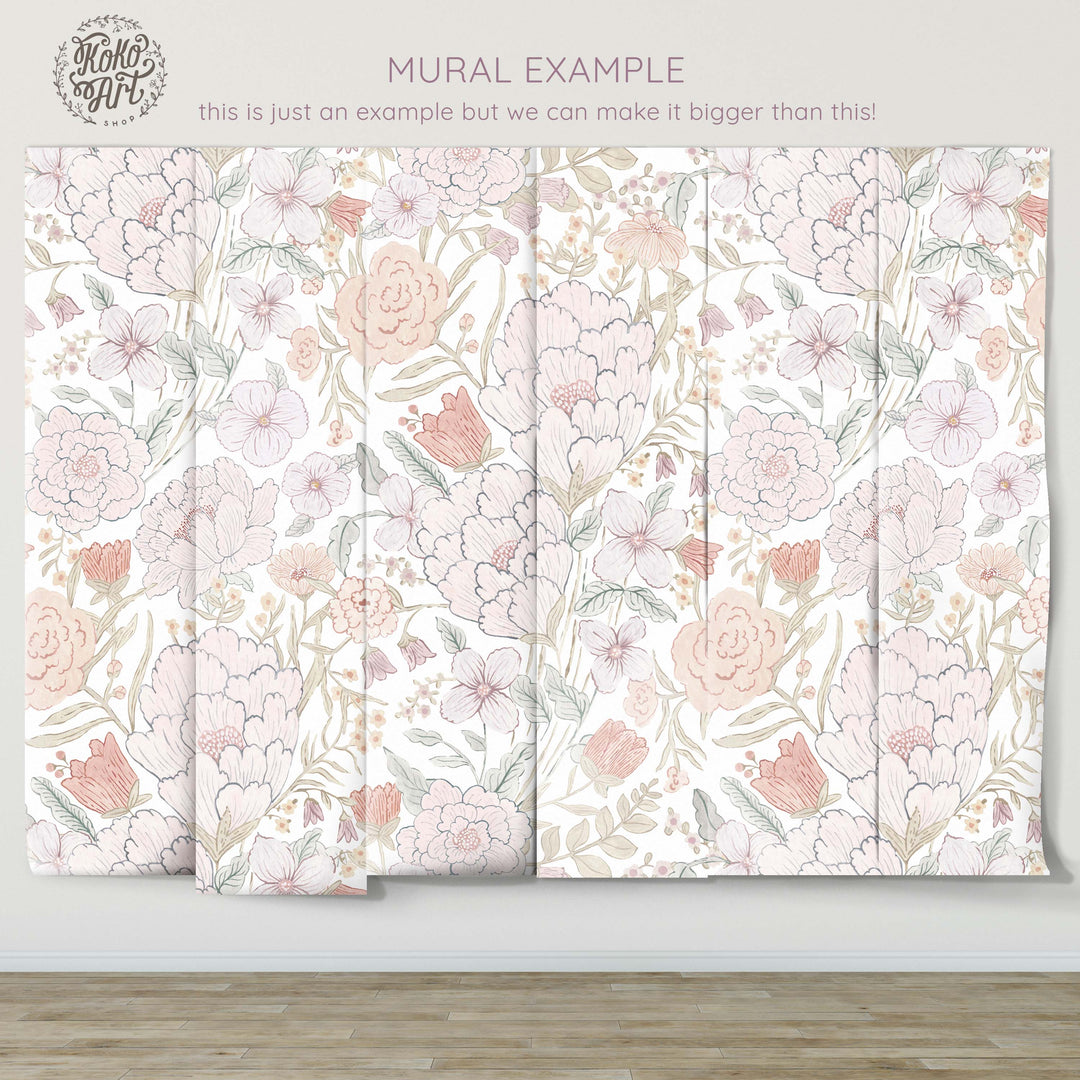 Romantic Meadow Mural | Large Scale Floral Bouquet Girl Nursery Wallpaper