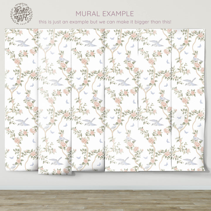 Le Tariche Chinoiserie Mural in Pastels and White | Floral Elegant Girl Nursery Wallpaper