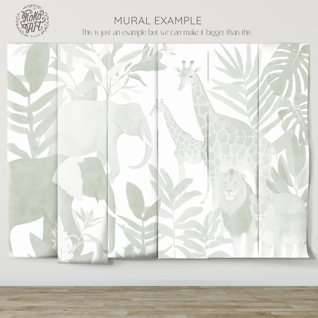 Safari in Sage Mural - Nursery Wallpaper, Modern African Jungle Animals for Boys Light Sage and White