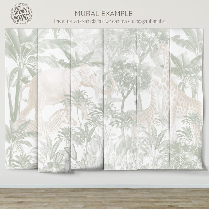 Antique African Jungle Mural in Sage and Cream