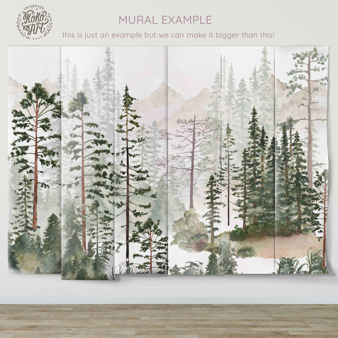 Foggy Pine Tree Forest Mural | Woodland Boys Kids Nursery Wallpaper