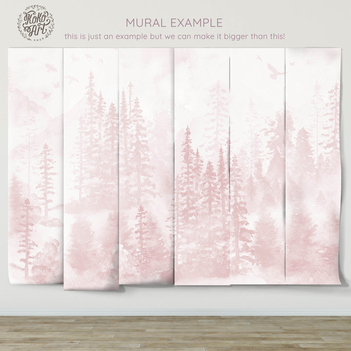 Girly Winter Forest in Pink Mural | Woodland Pine Trees Girls Kids Nursery Wallpaper