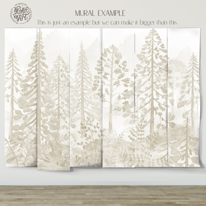 Neutral Woodland Whispers Wallpaper Mural - Nursery Foggy Pine Tree Forest Scene