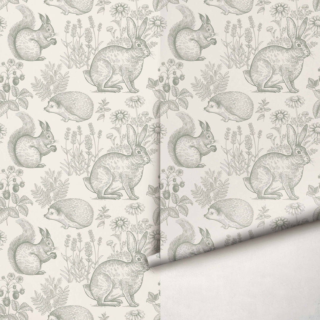 Whimsy Critters Wallpaper in Sage