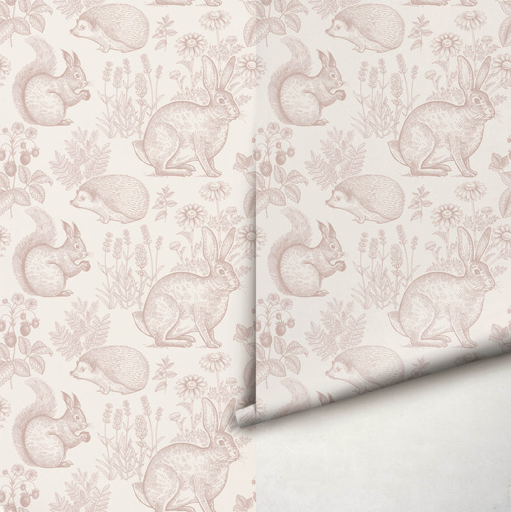 Whimsy Critters Wallpaper in Pink - Vintage Forest Animals