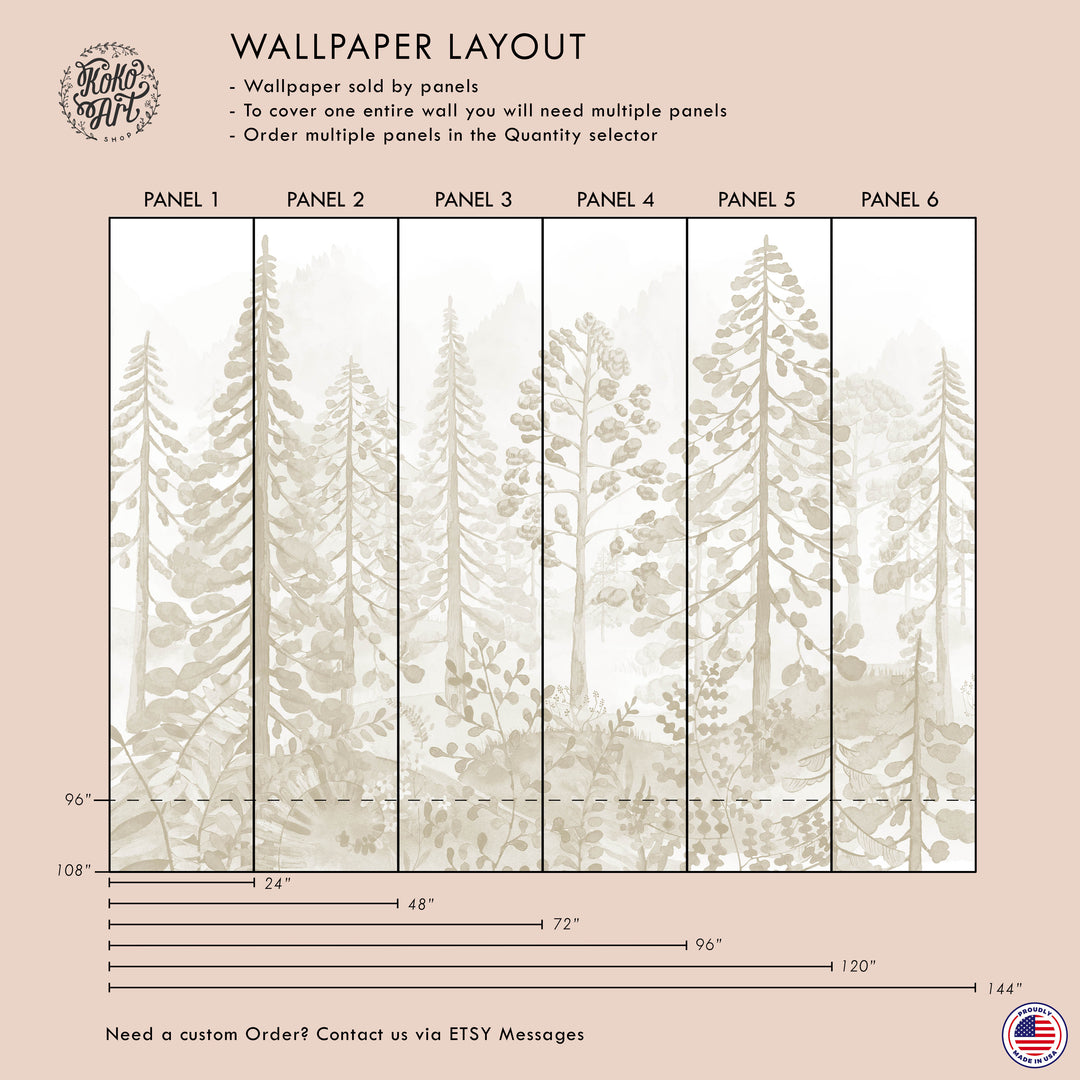 Neutral Woodland Whispers Wallpaper Mural - Nursery Foggy Pine Tree Forest Scene