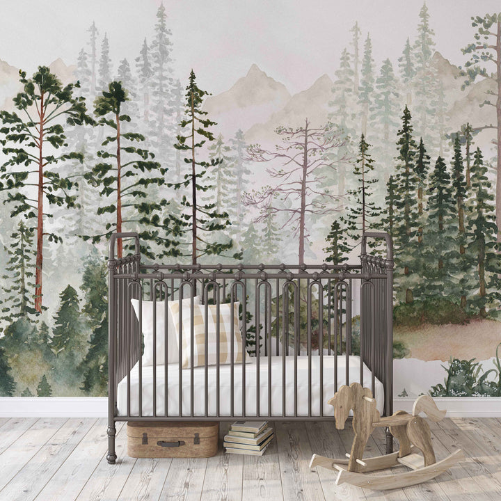 Foggy Pine Tree Forest Mural | Woodland Boys Kids Nursery Wallpaper